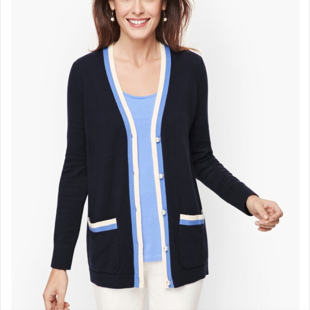 Talbots Tipped Cardigan Sweater XS Blue Pearl Button Cashmere Varsity Preppy